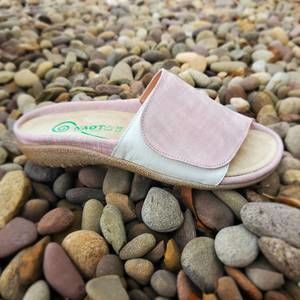 NEW YALEET women's ipo slip on sandal in pink linen leather/soft white leather
